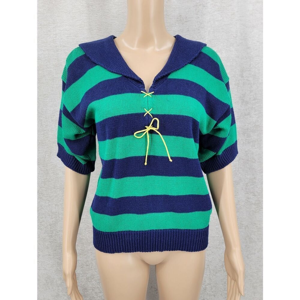 Vintage Sailor Collar Women’s Striped Navy and Green Knit Sweater with Lace-Up